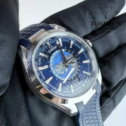 AAA+ Seamaster Aqua Terra 150M Worldtimer Co-Axial Master Chronometer 43mm Blue Dial- Blue Rubber Strap (Silver Bezel)