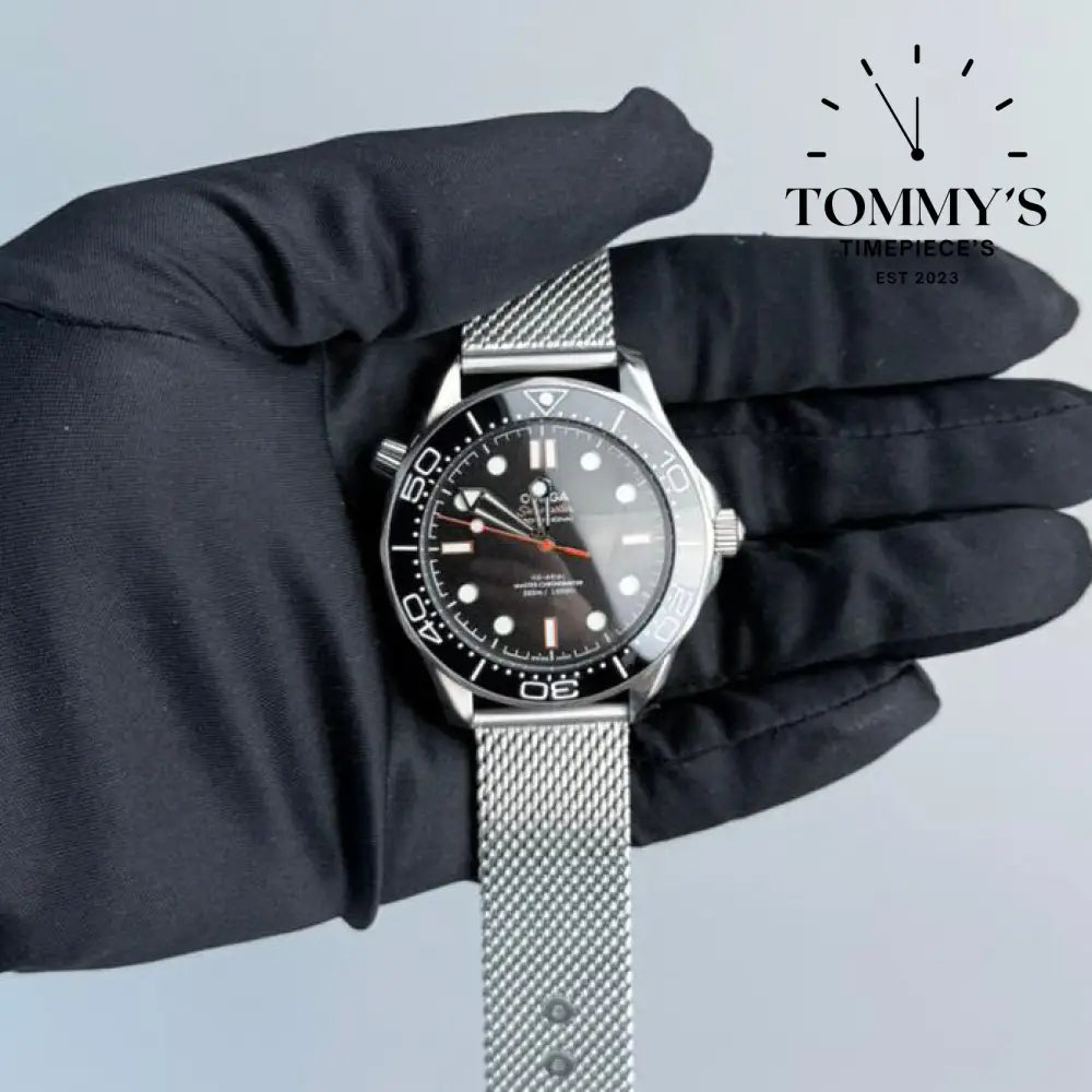 AAA+ Seamaster Diver 300M Co-Axial Master Chronometer 42mm Black Dial-Mesh Bracelet (Black Bezel)