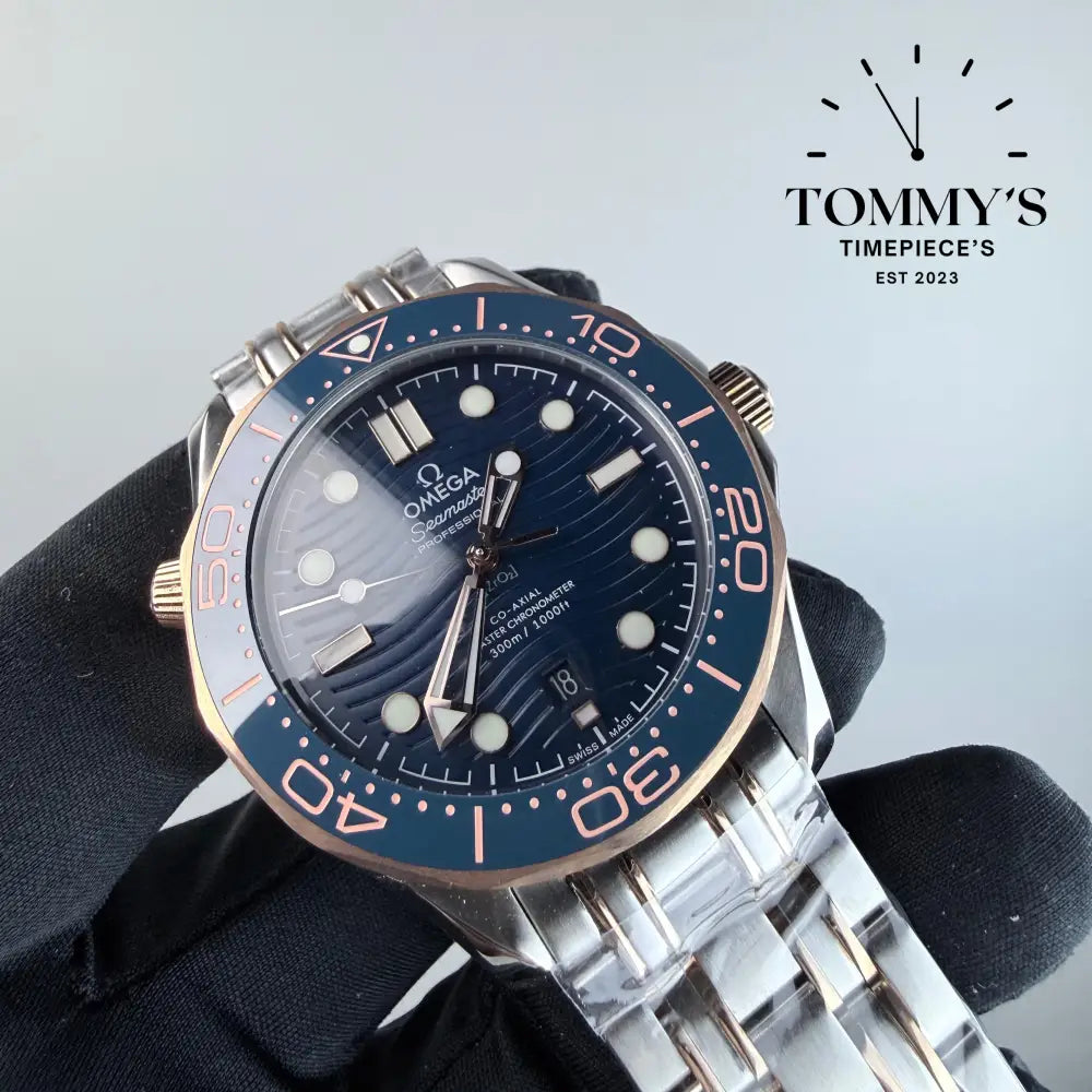 AAA+ Seamaster Diver 300M Co-Axial Master Chronometer 42mm Blue Dial-Steel Bracelet (Sedna Gold)