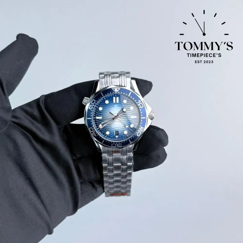 AAA+ Seamaster Diver 300M Co-Axial Master Chronometer 42mm Blue Wave Pattern Dial-Steel Bracelet (Blue Ceramic Bezel)