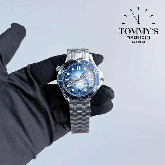AAA+ Seamaster Diver 300M Co-Axial Master Chronometer 42mm Blue Wave Pattern Dial-Steel Bracelet (Blue Ceramic Bezel)