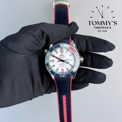 AAA+ Seamaster Planet Ocean 42mm White Dial-Rubber Strap (Blue and Red Ceramic Bezel)