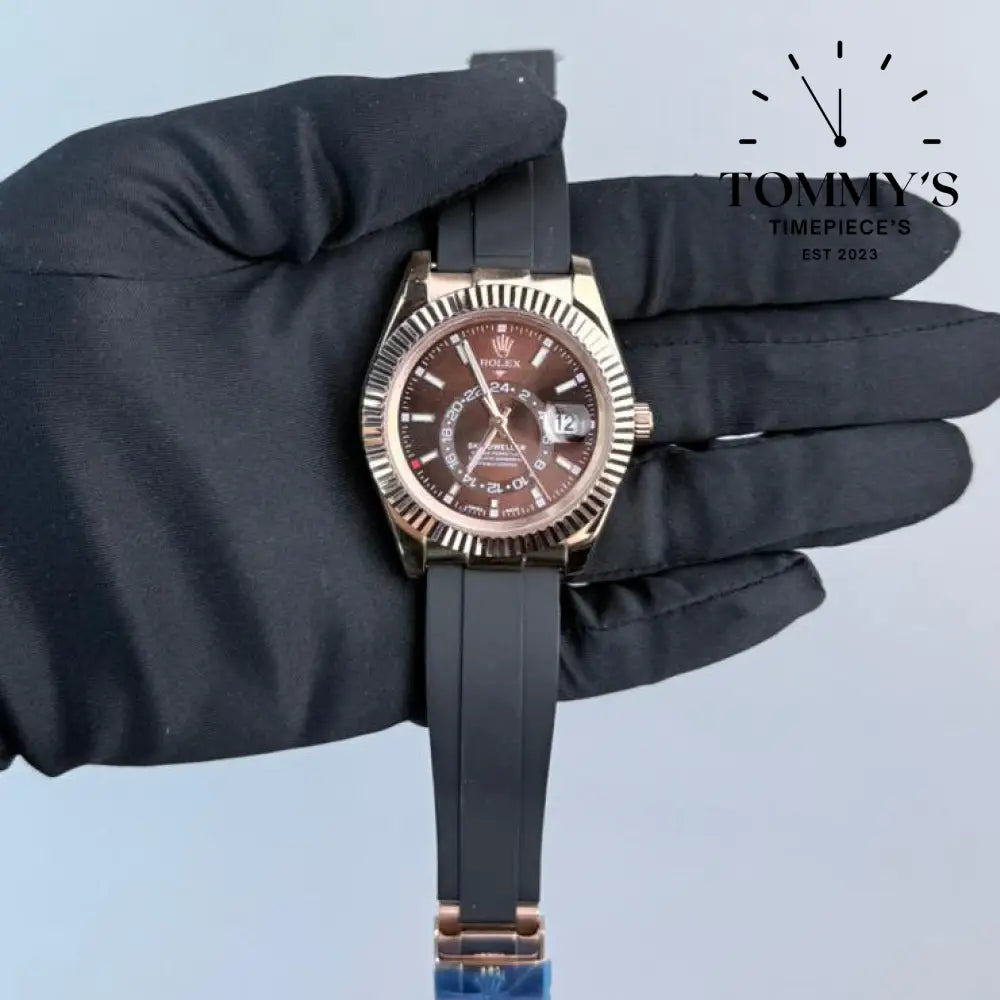 AAA+ Sky Dweller (326235) 42mm Chocolate Dial- Oysterflex Rubber Strap (Fluted Bezel)