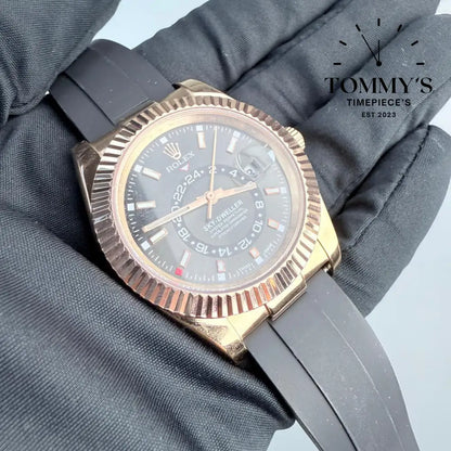 AAA+ Sky Dweller (326235) 42mm Dark Rhodium Dial- Oysterflex Rubber Strap (Fluted Bezel)