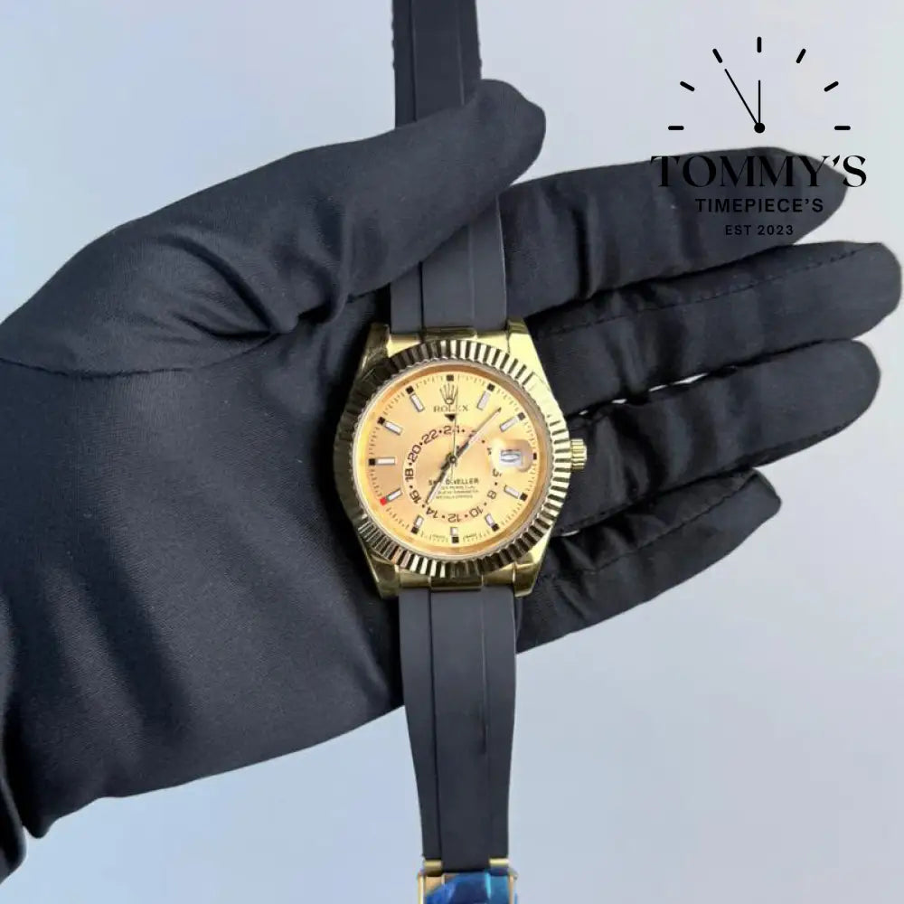 AAA+ Sky Dweller (326238-0007) 42mm Champagne Dial- Oysterflex Rubber Strap (Fluted Bezel)