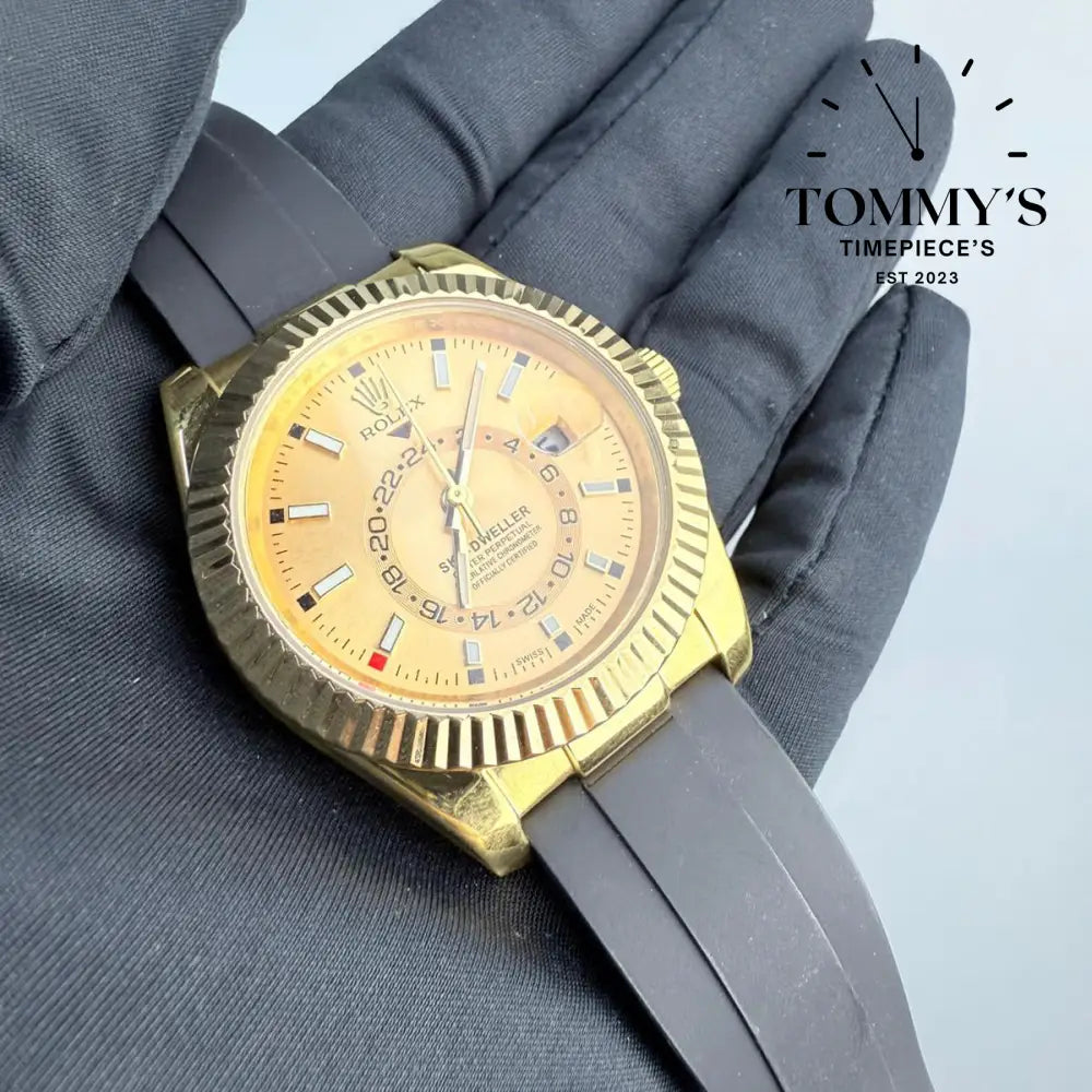 AAA+ Sky Dweller (326238-0007) 42mm Champagne Dial- Oysterflex Rubber Strap (Fluted Bezel)