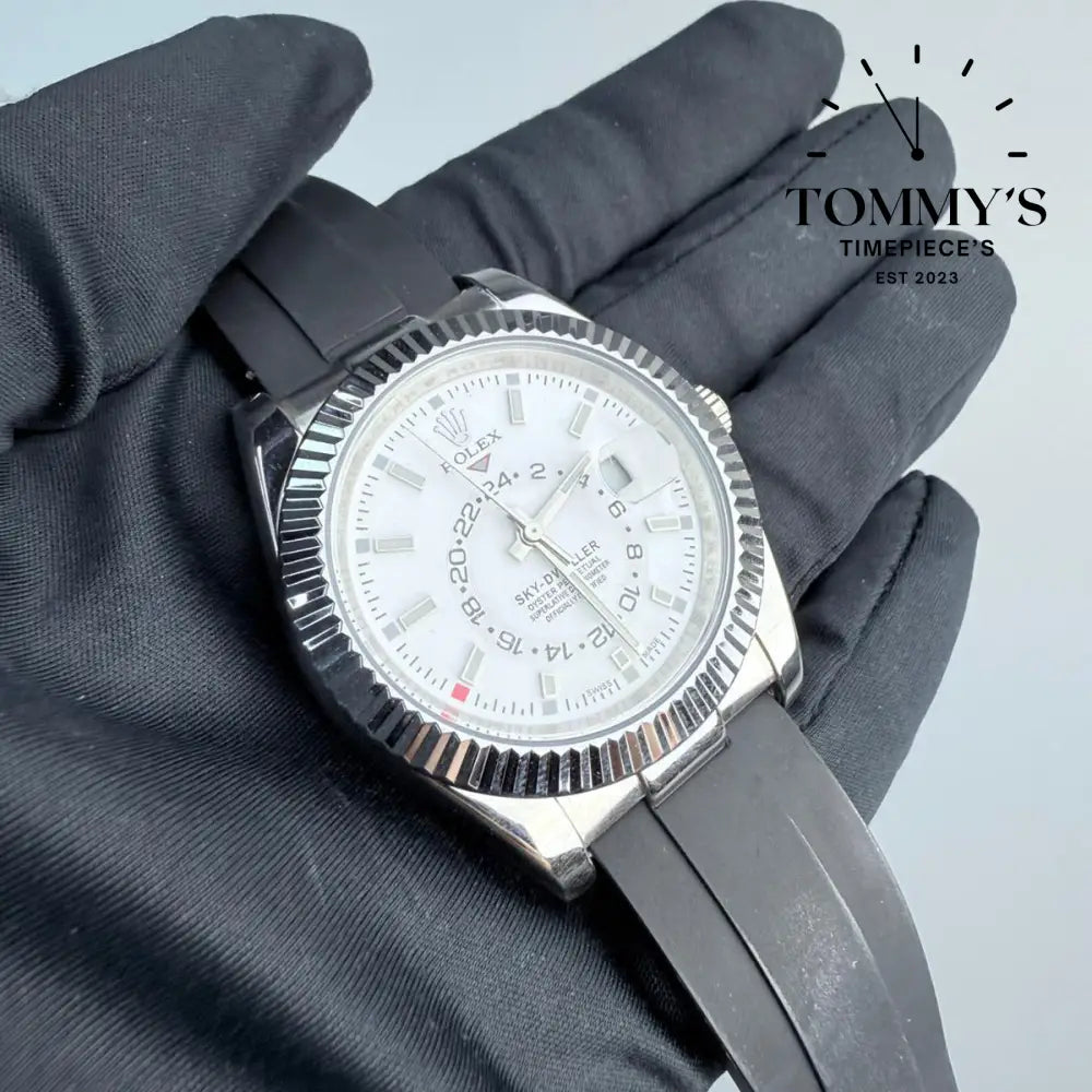 AAA+ Sky Dweller (336239) 42mm White Dial- Oysterflex Rubber Strap (Fluted Bezel)