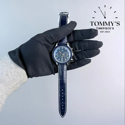 AAA+ Speedmaster Moonphase Co-Axial Master Chronometer Chronograph 44mm Blue Dial-Leather Strap (Blue Bezel) Watches