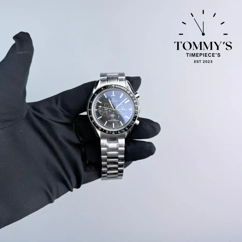 AAA+ Speedmaster Moonphase Master Chronometer 44.25mm Black Dial-Stainless Steel bracelet (Black Bezel) Watches
