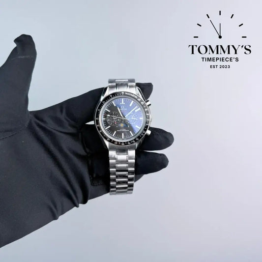 AAA+ Speedmaster Moonphase Master Chronometer 44.25mm Black Dial-Stainless Steel bracelet (Black Bezel) Watches