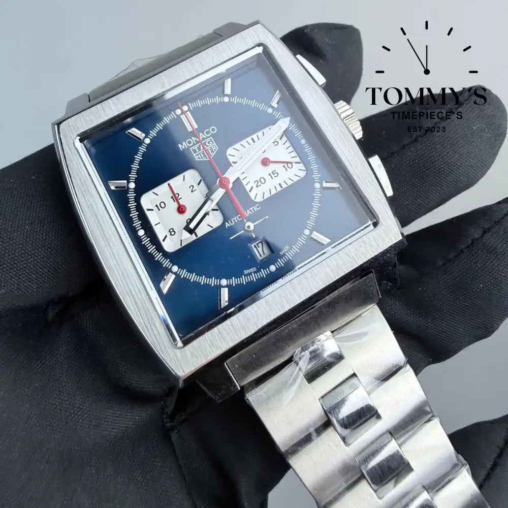 Clone Monaco Chronograph 39mm Blue Sunburst Dial-Stainless Steel Bracelet (Silver Bezel) Watches