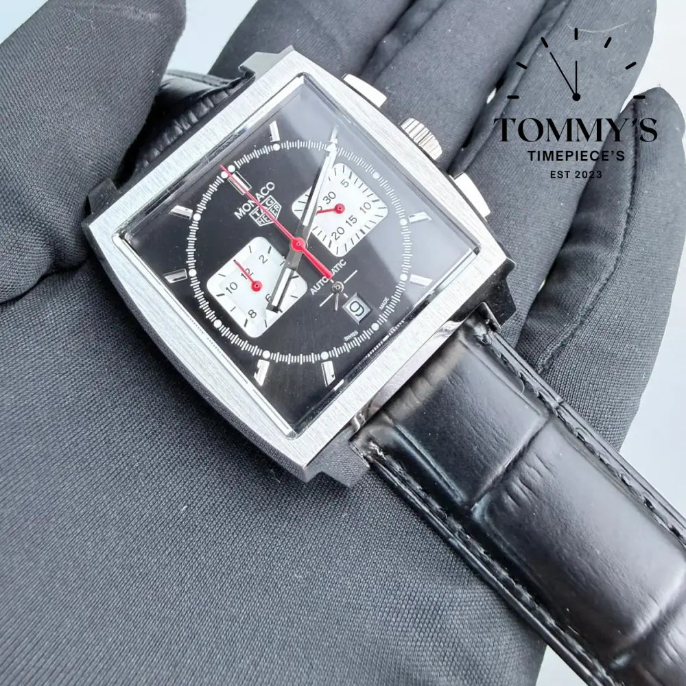 Clone Monaco Chronograph (Model CBL2113) 39mm Black White Dial-Leather Strap (Silver Bezel) Watches