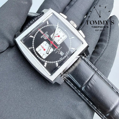 Clone Monaco Chronograph (Model CBL2113) 39mm Black White Dial-Leather Strap (Silver Bezel) Watches