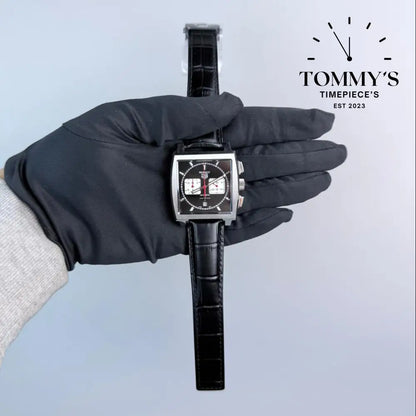 Clone Monaco Chronograph (Model CBL2113) 39mm Black White Dial-Leather Strap (Silver Bezel) Watches