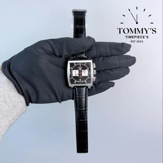 Clone Monaco Chronograph (Model CBL2113) 39mm Black White Dial-Leather Strap (Silver Bezel) Watches