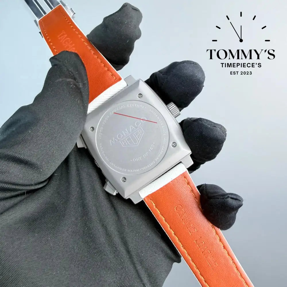 Clone Monaco Chronograph x Gulf Special Edition (CAW218G.EB0393) 39mm White Dial-Leather Strap (Silver Bezel) Watches