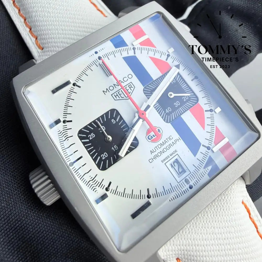 Clone Monaco Chronograph x Gulf Special Edition (CAW218G.EB0393) 39mm White Dial-Leather Strap (Silver Bezel) Watches