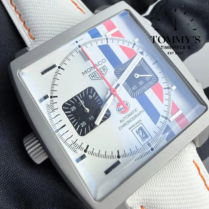 Clone Monaco Chronograph x Gulf Special Edition (CAW218G.EB0393) 39mm White Dial-Leather Strap (Silver Bezel) Watches
