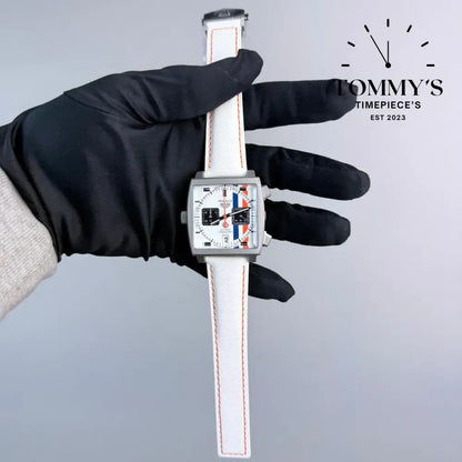 Clone Monaco Chronograph x Gulf Special Edition (CAW218G.EB0393) 39mm White Dial-Leather Strap (Silver Bezel) Watches