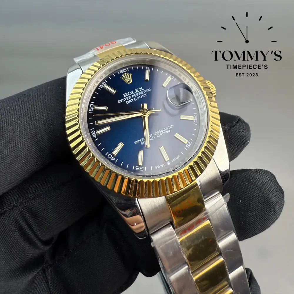 AAA + Datejust 41mm Blue Motif Dial (Bimetal Gold) On Oyster With Fluted Bezel