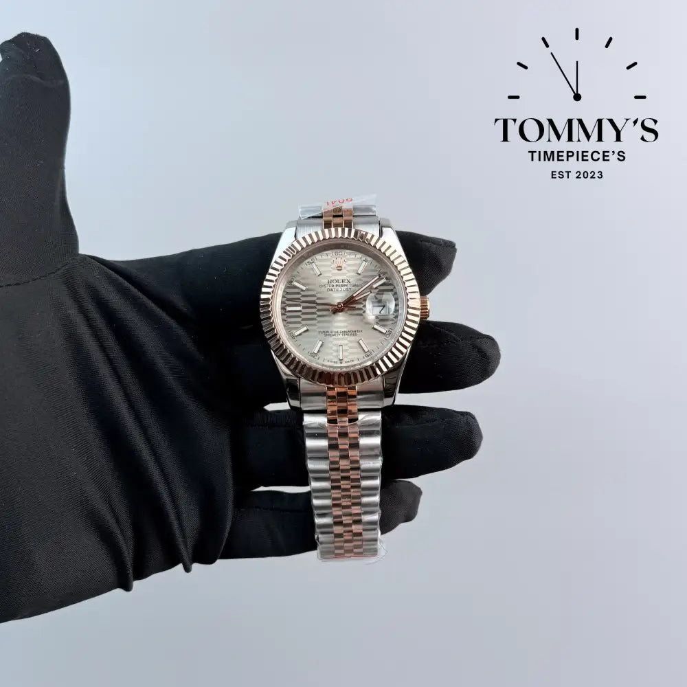 AAA + Datejust 41mm Silver Motif Dial (Bimetal Rose Gold) Jubilee With Fluted Bezel