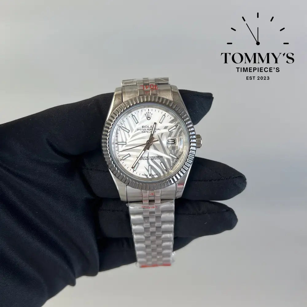 AAA + Datejust 41mm Silver Palm Dial Jubilee With Fluted Bezel