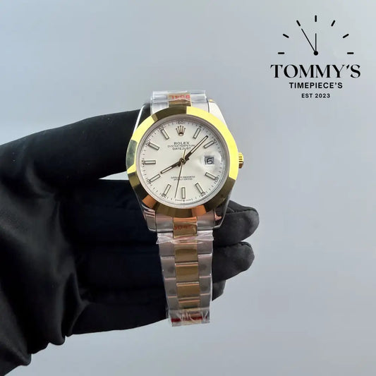 AAA + Datejust White Dial (Bimetal Gold) On Oyster With Smooth Bezel