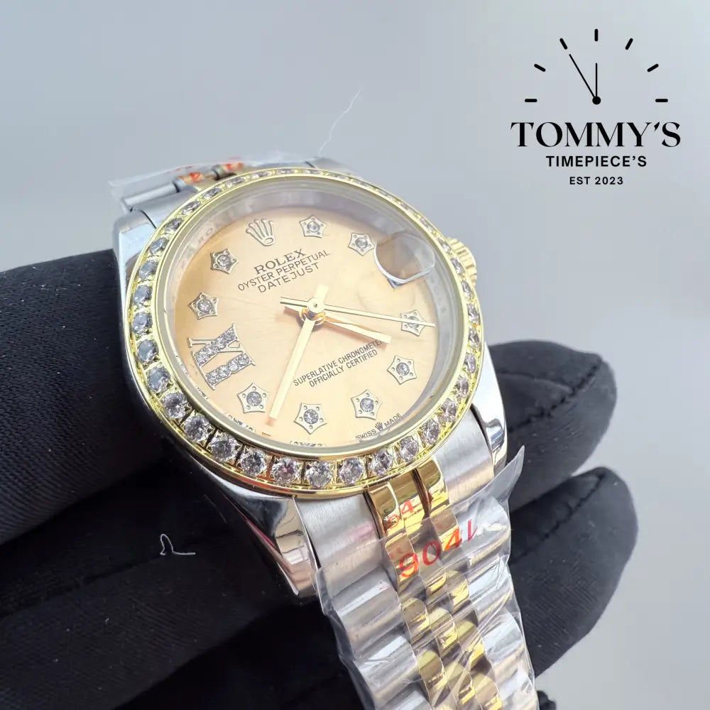 AAA + Ladies Datejust 28mm Gold Dial (Bimetal Gold) Jubilee With Diamond Bezel