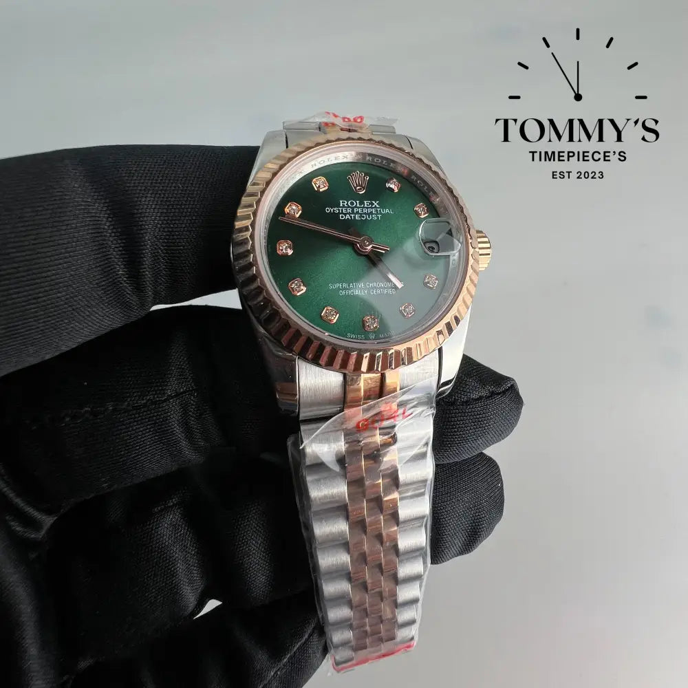 AAA + Ladies Datejust 28mm Green Dial (Bimetal Rose Gold) On Jubilee With Fluted Bezel
