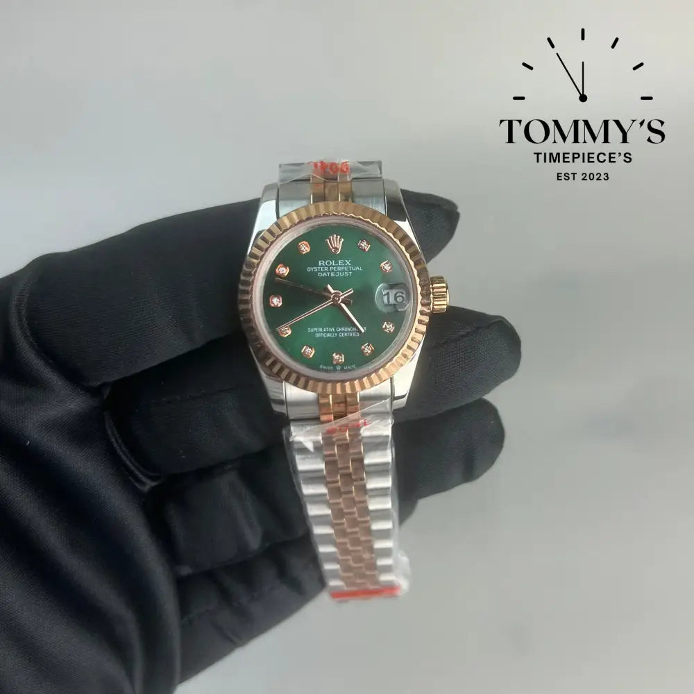 AAA + Ladies Datejust 28mm Green Dial (Bimetal Rose Gold) On Jubilee With Fluted Bezel