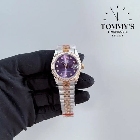 AAA + Ladies Datejust 28mm Purple Dial (Bimetal Rose Gold) Jubilee With Diamond Bezel