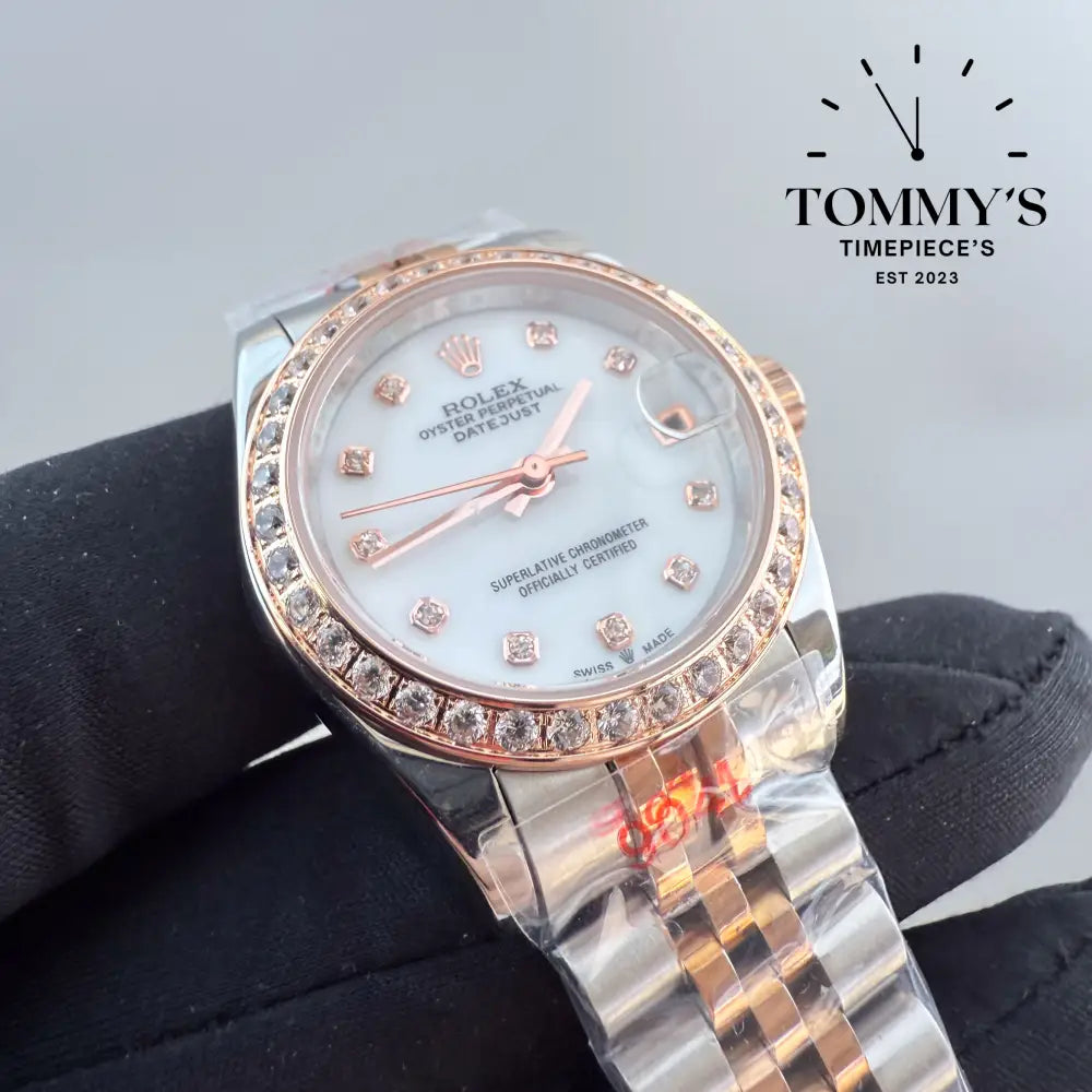 AAA + Ladies Datejust 28mm White Dial (Bimetal Rose Gold) Jubilee With Diamond Bezel