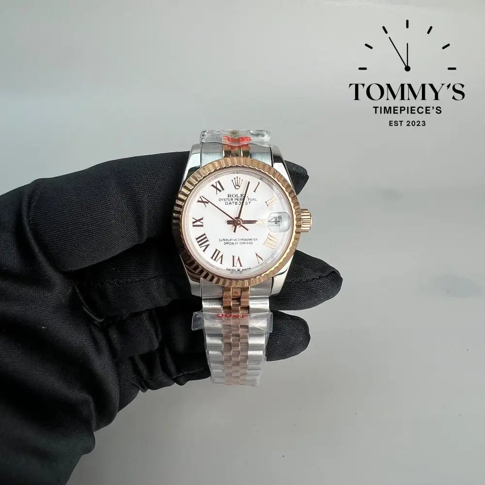 AAA + Ladies Datejust 28mm White Dial (Bimetal Rose Gold) On Jubilee With Fluted Bezel
