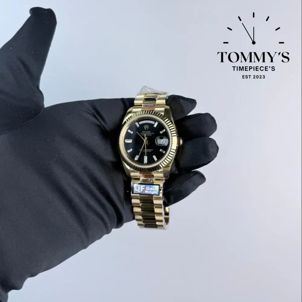 QF Superclone Day-Date (228238) 40mm Black Baguette Diamond Dial-Presidential Bracelet (Fluted Bezel) Watches