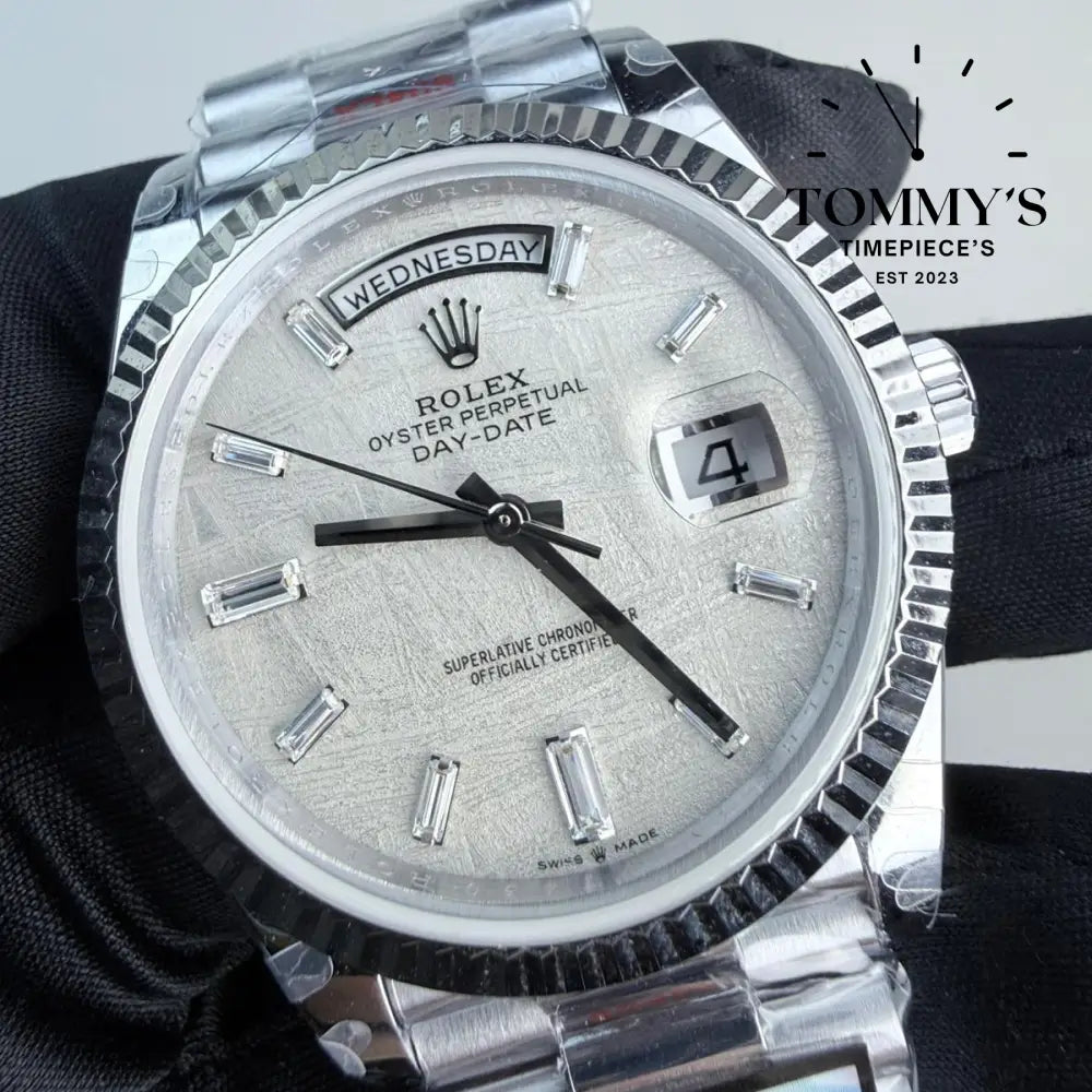 QF Superclone Day-Date (228238) 40mm Silver Meteorite Dial-Presidential Bracelet (Fluted Bezel) Watches