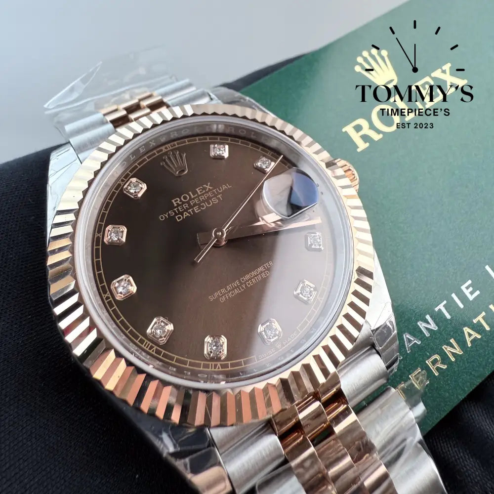 Superclone Datejust 41mm Diamond Chocolate Dial (Bimetal Rose Gold) On Jubilee With Fluted Bezel