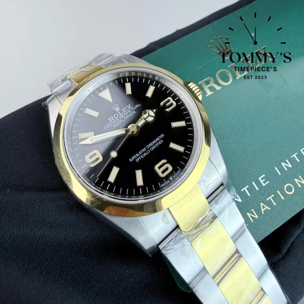 Superclone Explorer (124273) 36mm Black Dial-Oyster Bracelet (Gold Smooth Bezel Two-tone) Watches