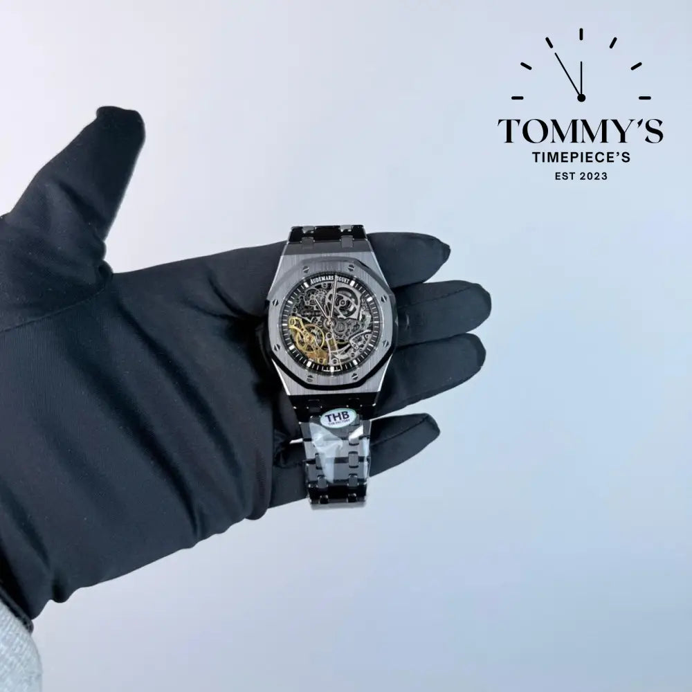 THB Superclone Royal Oak Double Balance Wheel Openworked 41mm Skeletonized Dial-Stainless Steel Bracelet (Black Ceramic