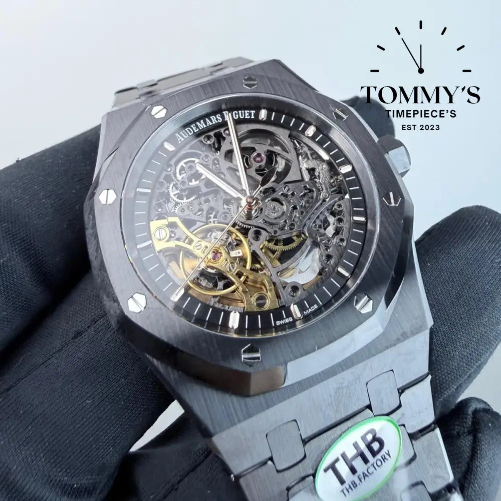THB Superclone Royal Oak Double Balance Wheel Openworked 41mm Skeletonized Dial-Stainless Steel Bracelet (Black Ceramic