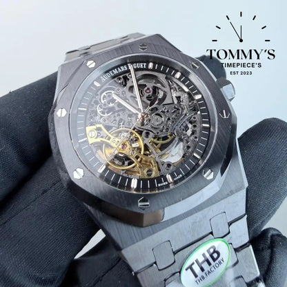 THB Superclone Royal Oak Double Balance Wheel Openworked 41mm Skeletonized Dial-Stainless Steel Bracelet (Black Ceramic