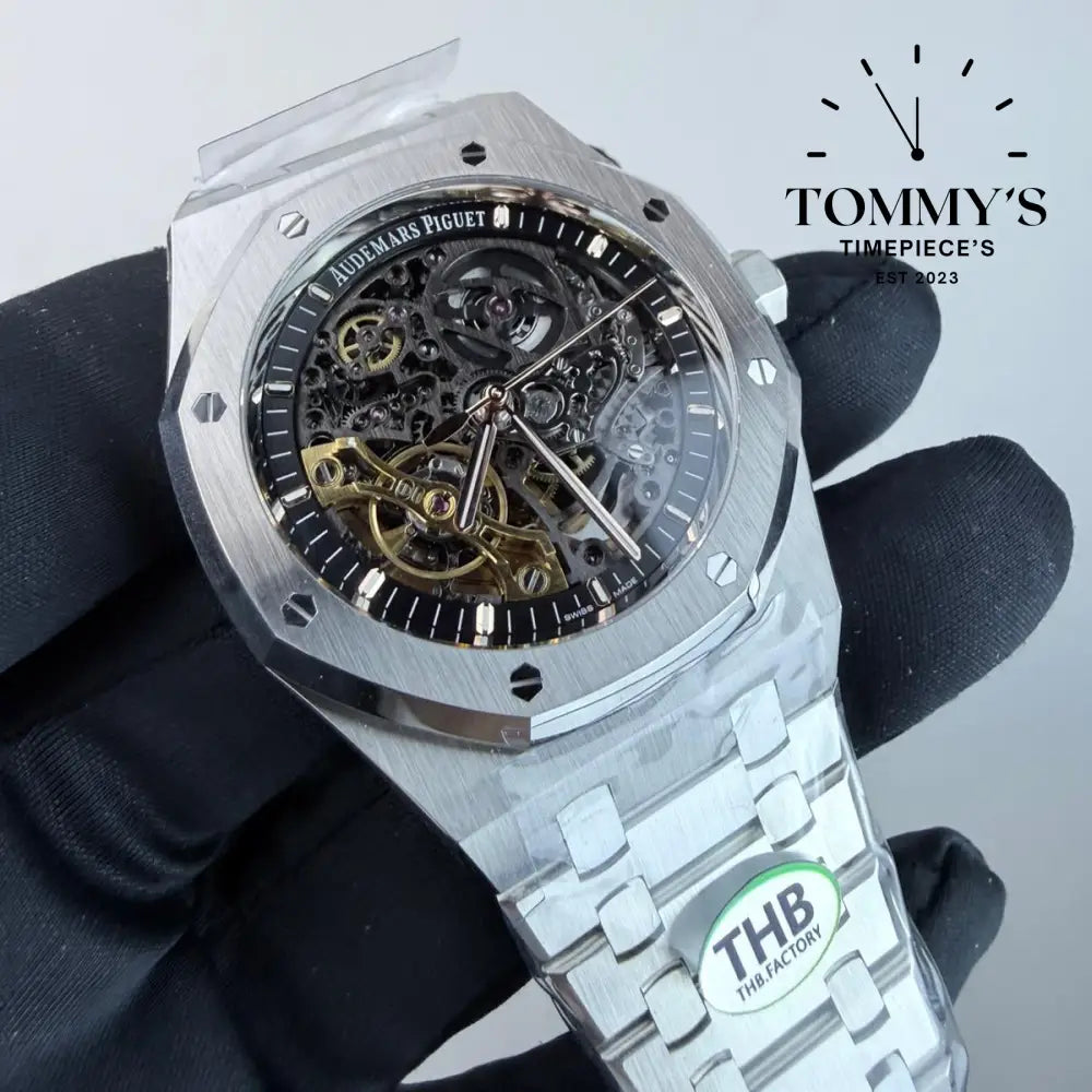 THB Superclone Royal Oak Double Balance Wheel Openworked 41mm Skeletonized Dial-Stainless Steel Bracelet (Silver Bezel)