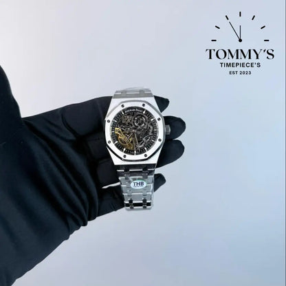 THB Superclone Royal Oak Double Balance Wheel Openworked 41mm Skeletonized Dial-Stainless Steel Bracelet (Silver Bezel)
