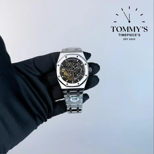 THB Superclone Royal Oak Double Balance Wheel Openworked 41mm Skeletonized Dial-Stainless Steel Bracelet (Silver Bezel)